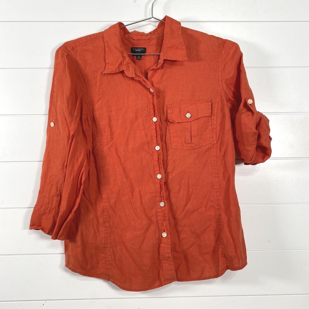 Talbots Shirt Womens Medium Orange Pure Linen ButtonFront Roll Tab Sleeve Pocket